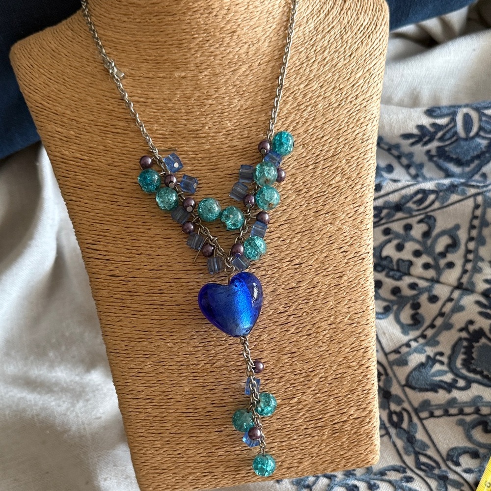 Blue Heart glass Pendant on silver y shaped glass cracked ice like surrounding